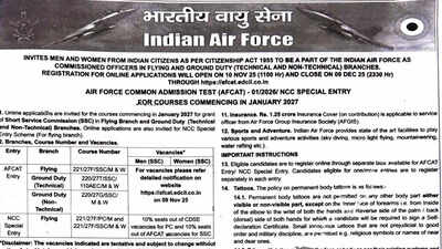 AFCAT 01/2026 short notice released: Apply online from 10 November for flying and ground duty branches, check details here