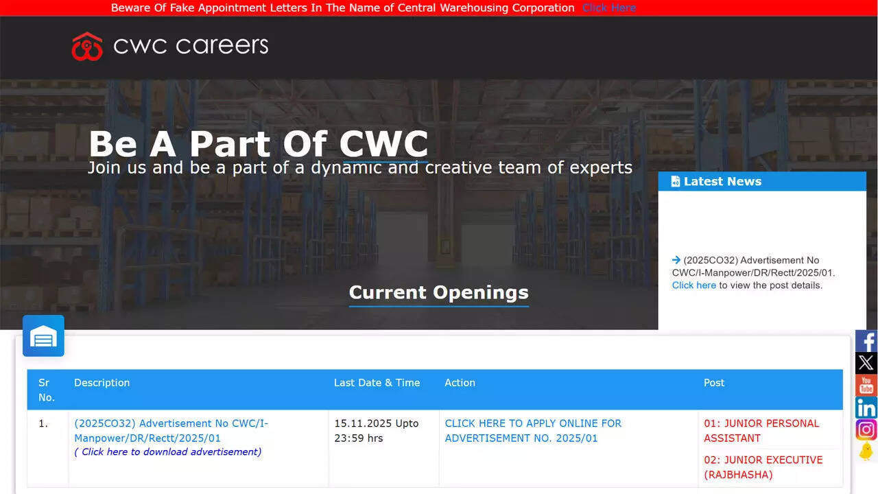 CWC recruitment 2025 last date today for Jr Personal Assistant and Jr Executive posts at cwceportal.com; apply here