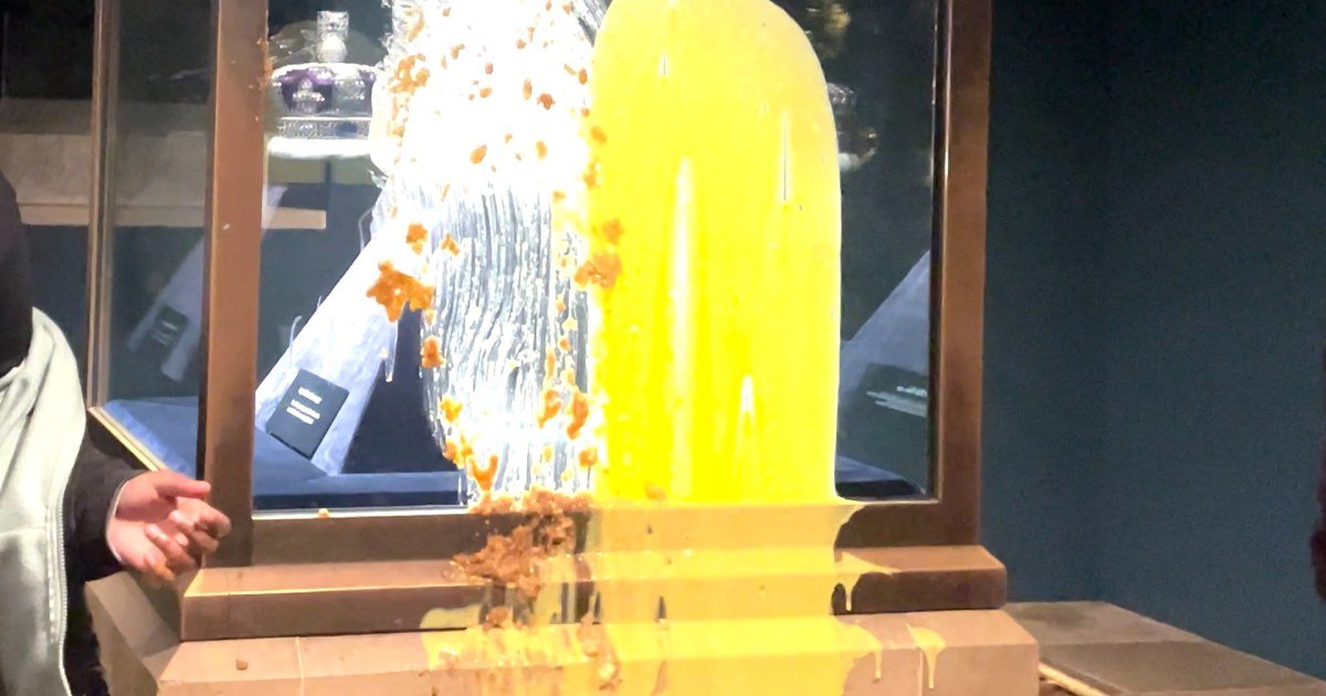 Protesters smear food on the case of the U.K. Crown Jewels