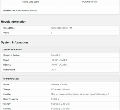 Alleged Honor 600e pops up on Geekbench with key specs