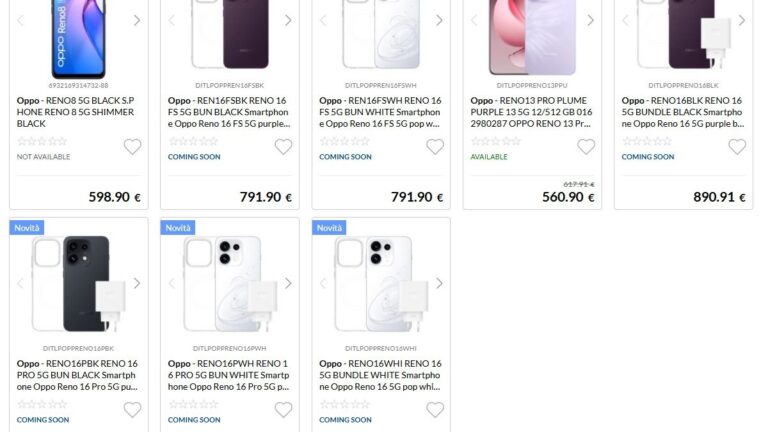 Oppo Reno16, Reno16 Pro, and Reno16 FS prices for Europe leak