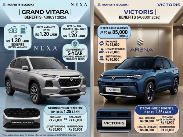 Maruti Grand Vitara & Victoris Get Up to Rs 1.35 Lakh Discounts In Aug 2026