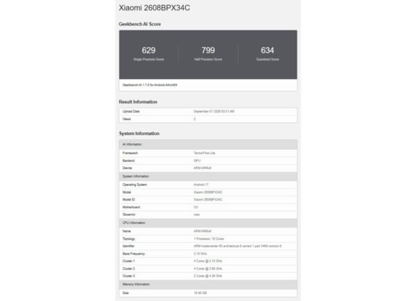 Xiaomi 18 Fold surfaces in benchmark, confirming its chipset and RAM amount
